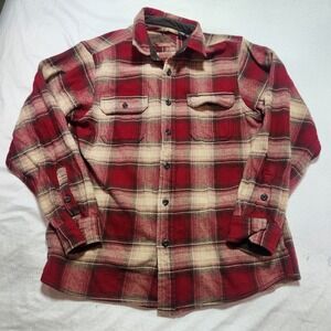 ORVIS Flannel Shirt Jacket Mens Medium Red Beige Plaid Shacket Pockets Work